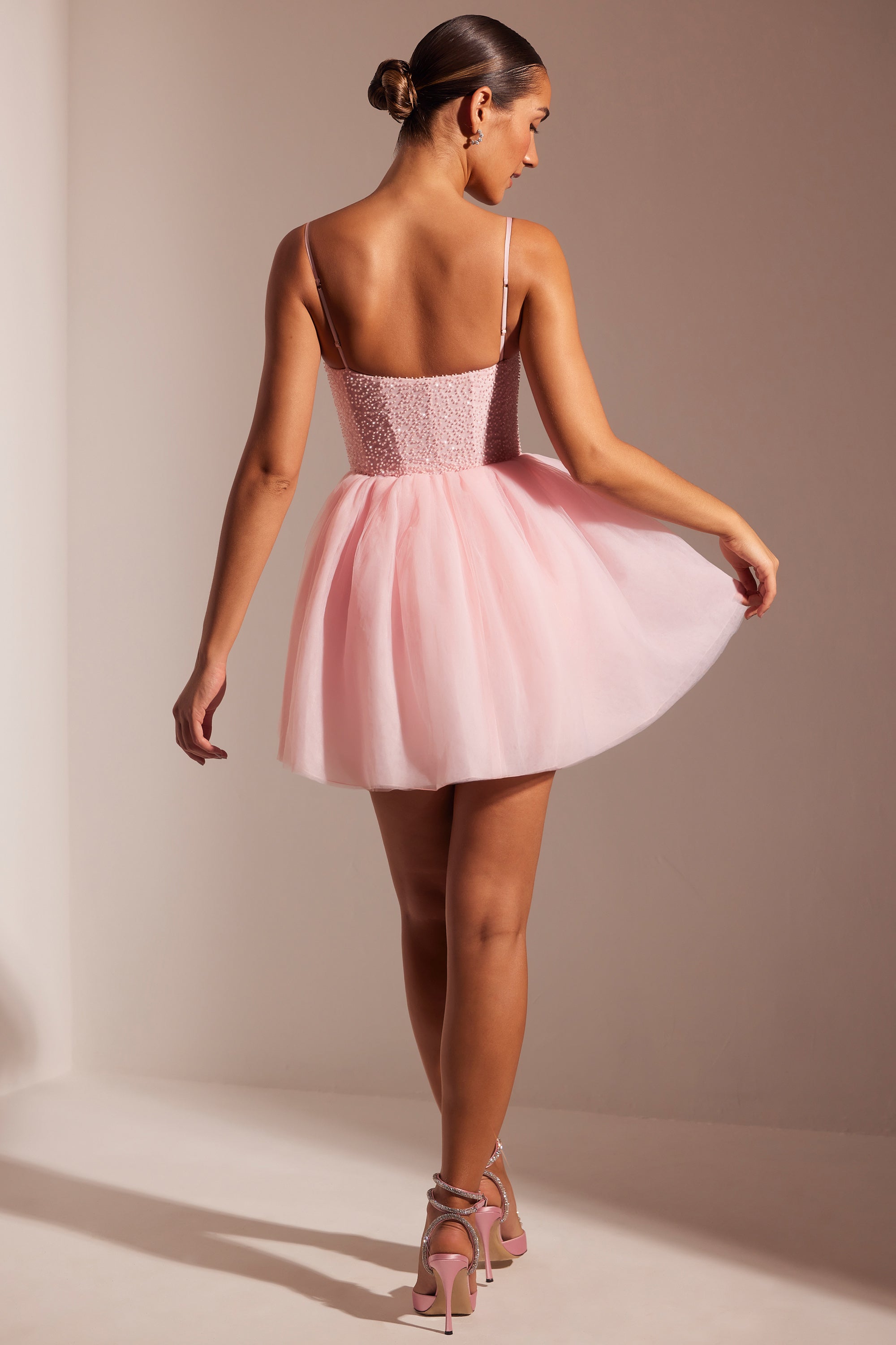 Oh Polly, Mini robe à jupe en tulle avec corset orné, Blush